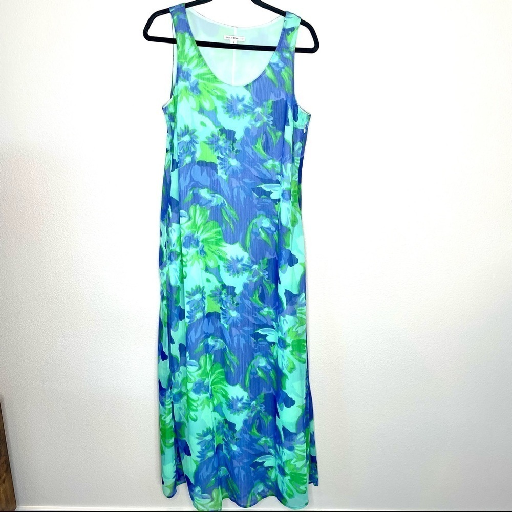 Isaac Mizrahi Bright Blue and Green Floral Flowy Sleeveless Maxi Dress Sz Small